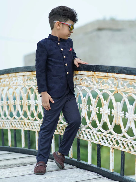 party wear navy blue jacquard jodhpuri suit set for boys