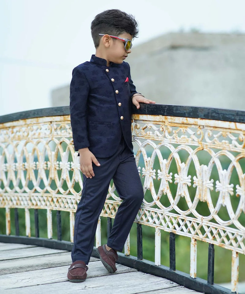 party wear navy blue jacquard jodhpuri suit set for boys