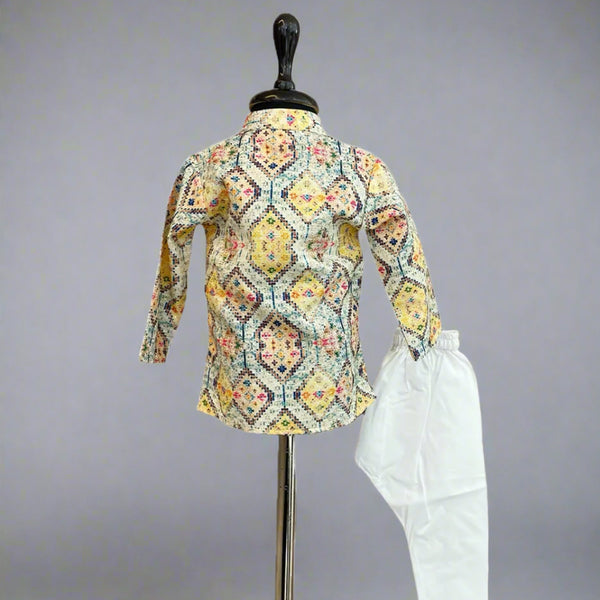back view of multicolour printed kurta with white pajamas for baby boys 