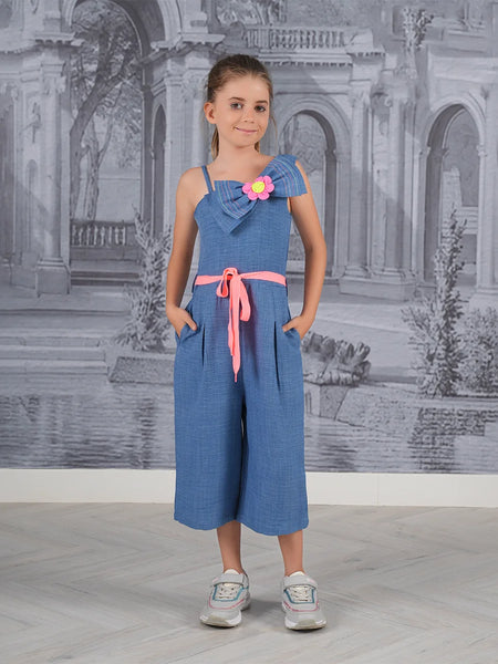 Trendy Girls Blue Summer Jumpsuit with Waist Belt