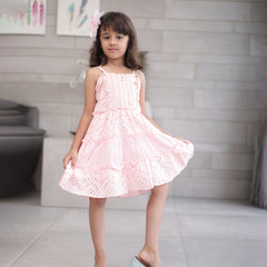 Pink cotton birthday frock for girls with frills, Jaipur kidswear showroom