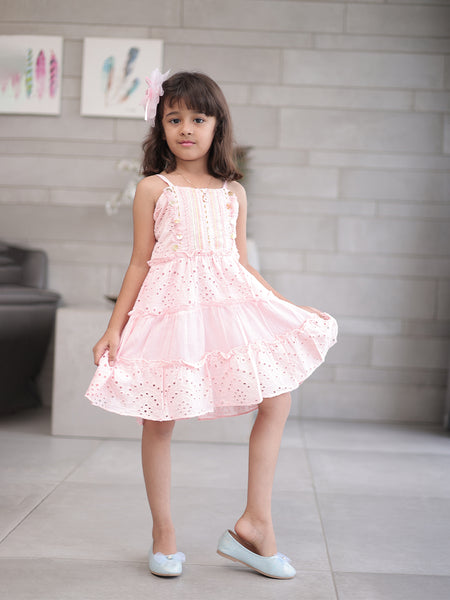 Pink cotton birthday frock for girls with frills, Jaipur kidswear showroom