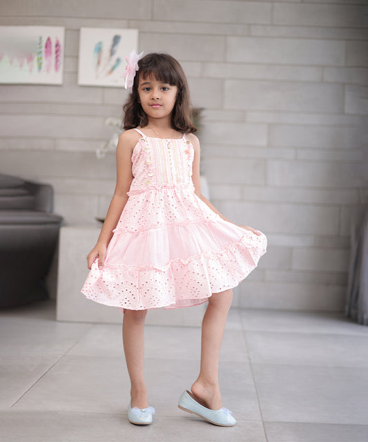 Pink cotton birthday frock for girls with frills, Jaipur kidswear showroom