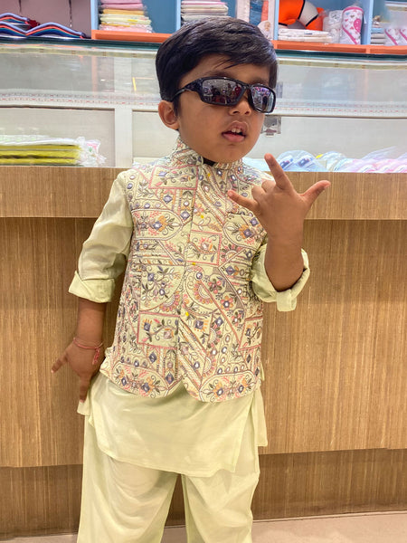 Ethnic wear pista green embroidered kurta set for boys