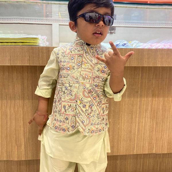 Ethnic wear pista green embroidered kurta set for boys