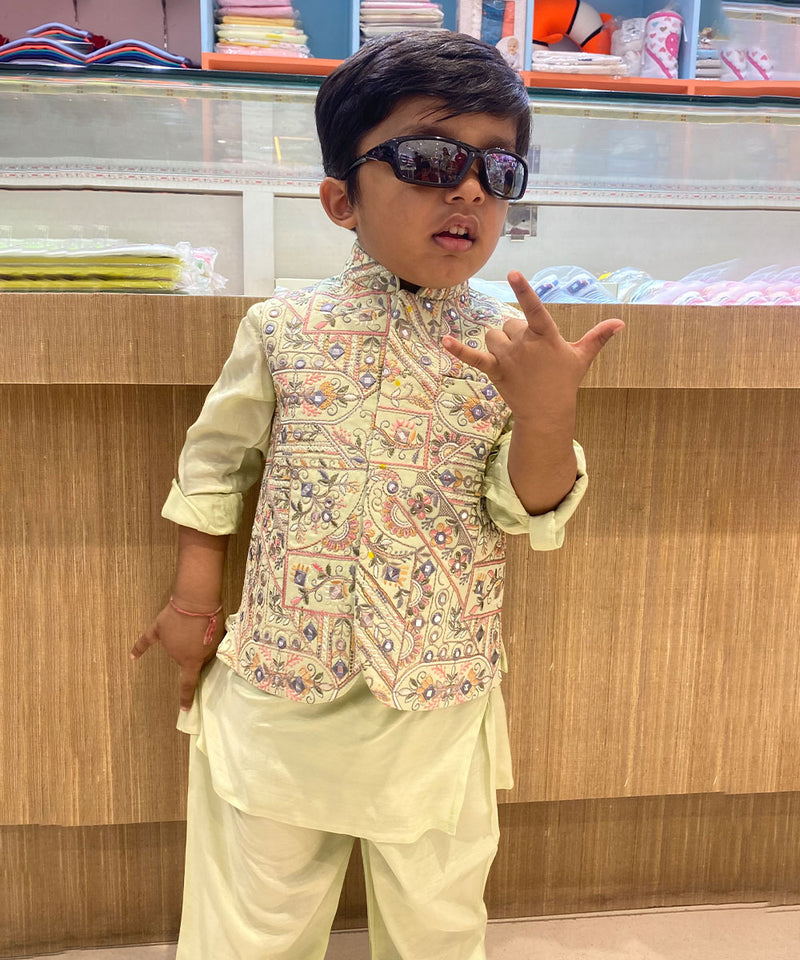 Ethnic wear pista green embroidered kurta set for boys