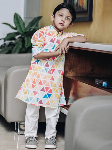 Designer kids party kurta pyjama, triangle print cotton, Jaipur boutique