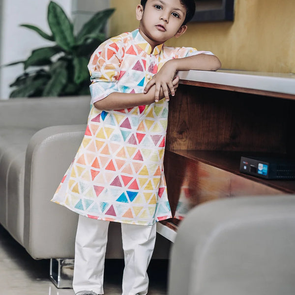 Designer kids party kurta pyjama, triangle print cotton, Jaipur boutique