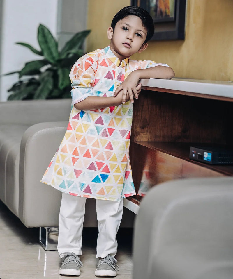 Designer kids party kurta pyjama, triangle print cotton, Jaipur boutique