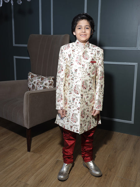 Self-embroidered cream sherwani set with maroon pyjama for boys, Jaipur ethnic fashion