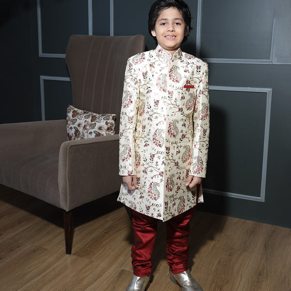 Self-embroidered cream sherwani set with maroon pyjama for boys, Jaipur ethnic fashion