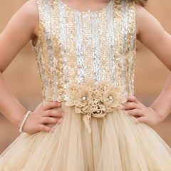 A sleeveless champagne beige and silver sequined dress with a floral waistband and tulle skirt, shown on a model against a warm beige background.