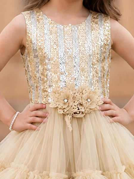 A sleeveless champagne beige and silver sequined dress with a floral waistband and tulle skirt, shown on a model against a warm beige background.