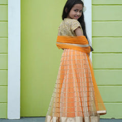 Young girl in an orange and gold traditional outfit standing against a green wall.