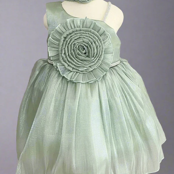 mint green floral frock with hair accessory & bellies for baby girls 