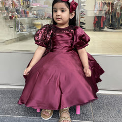 Cute maroon dress for girls party, pleated detailing, sequin bow waist