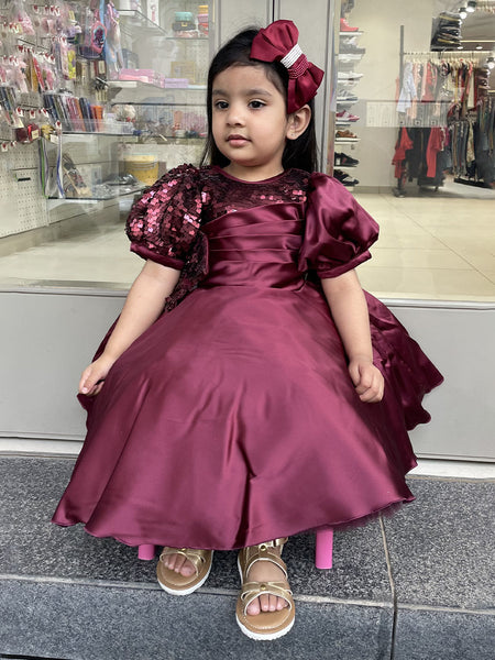 Cute maroon dress for girls party, pleated detailing, sequin bow waist