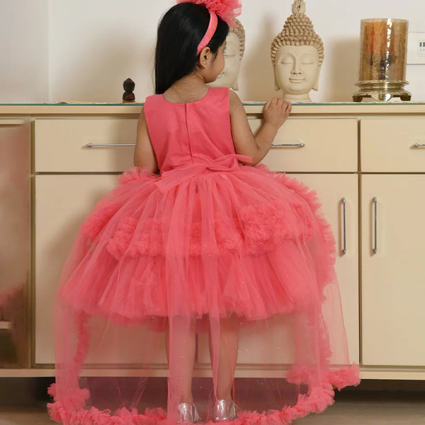 Cute peach dress for girls party, sequin bow waist, floral embellishments, Jaipur