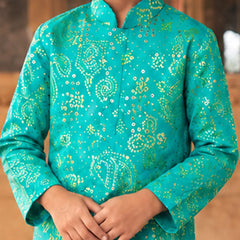 Boys' sea green printed kurta with white pyjama, designer ethnic wear, Devils N Angels Jaipur, view 2