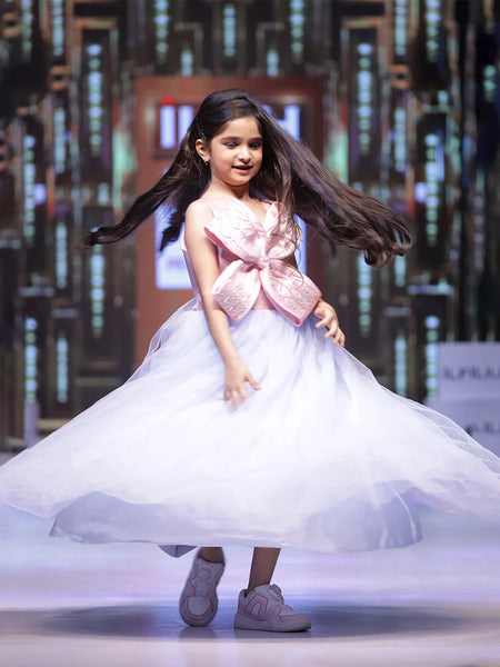 Designer ball gown frill dress, oversized bow, Jaipur kids fashion