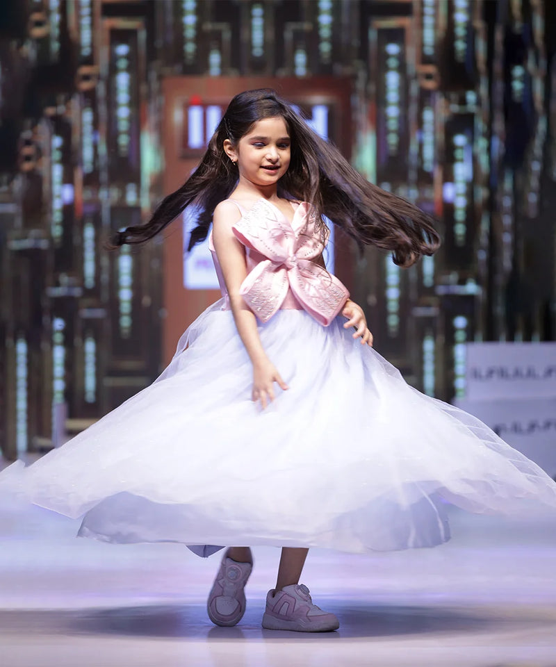 Designer ball gown frill dress, oversized bow, Jaipur kids fashion