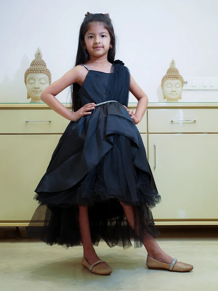 Designer one-shoulder black birthday dress for girls, kids clothing store in Jaipur