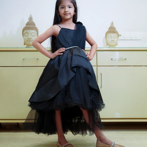 Designer one-shoulder black birthday dress for girls, kids clothing store in Jaipur