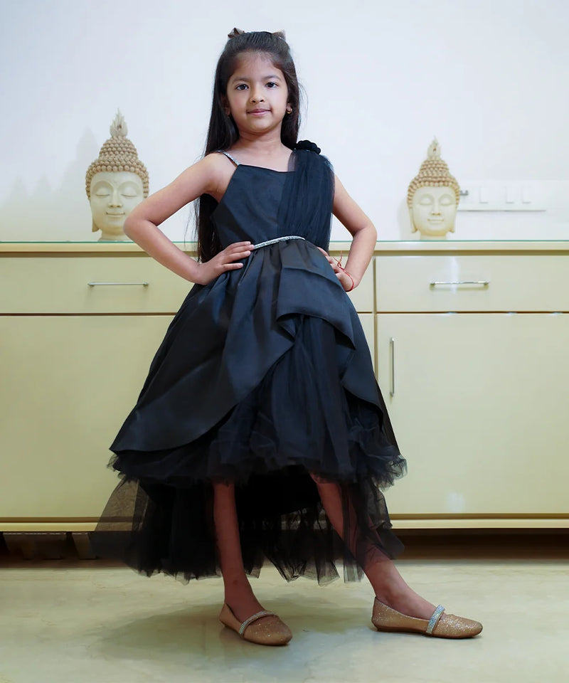 Designer one-shoulder black birthday dress for girls, kids clothing store in Jaipur