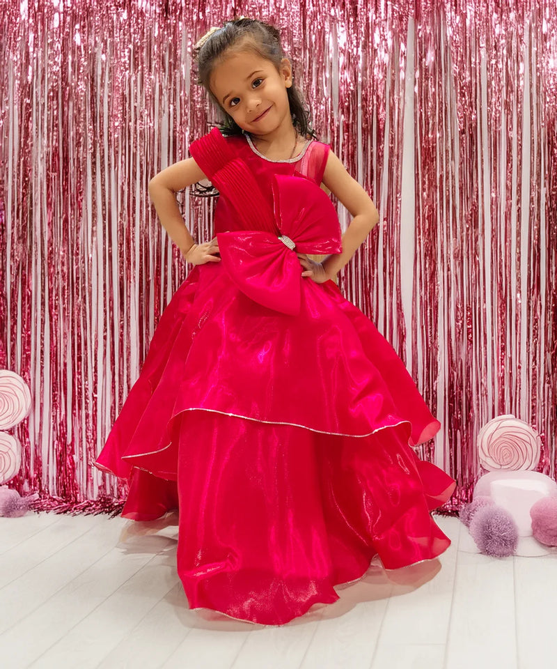 Red party wear gown for girls with big bow, Jaipur kids fashion

