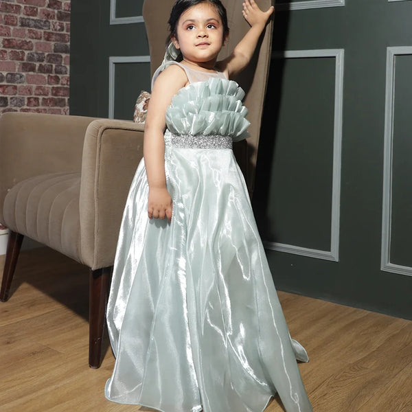 party wear pista green full length gown for girls 
