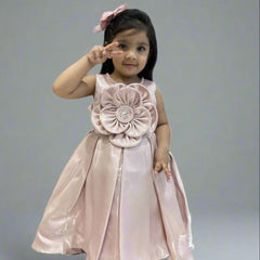 Sleeveless peach birthday frock with fabric belt, branded children clothing Jaipur