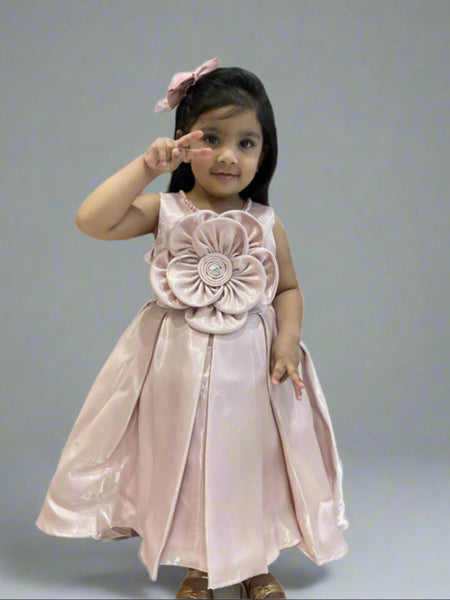 Sleeveless peach birthday frock with fabric belt, branded children clothing Jaipur