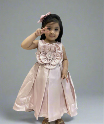 Sleeveless peach birthday frock with fabric belt, branded children clothing Jaipur