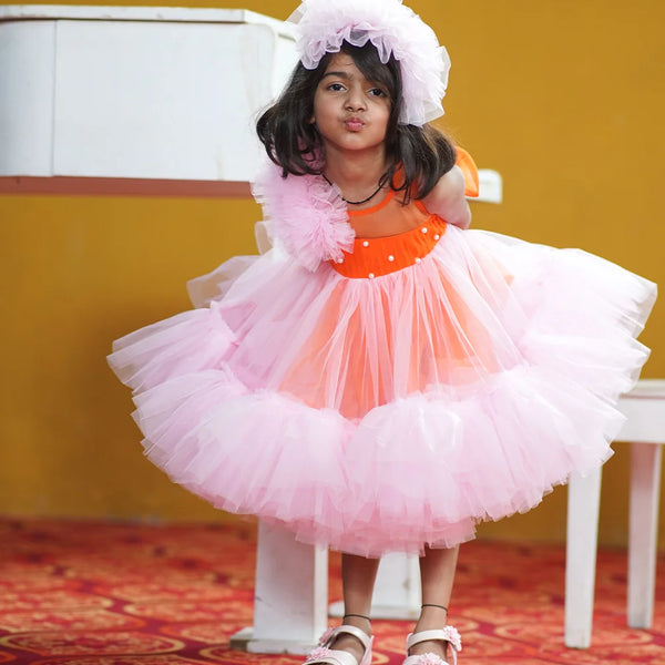 Designer pink party wear frock for girls with pearl yoke, best kids clothing store Jaipur