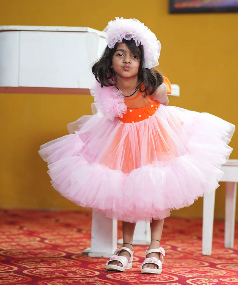 Designer pink party wear frock for girls with pearl yoke, best kids clothing store Jaipur