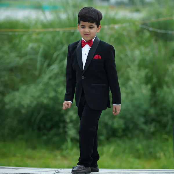 Classic kids black tuxedo set, white shirt and red bow Jaipur boutique