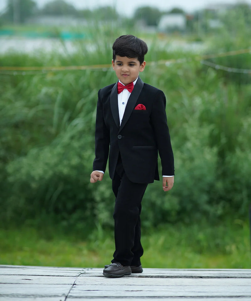 Classic kids black tuxedo set, white shirt and red bow Jaipur boutique