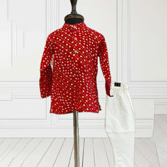 Jaipur kids kurta pyjama with neck band collar, designer bhandej print

