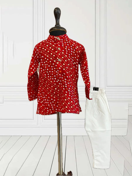 Jaipur kids kurta pyjama with neck band collar, designer bhandej print

