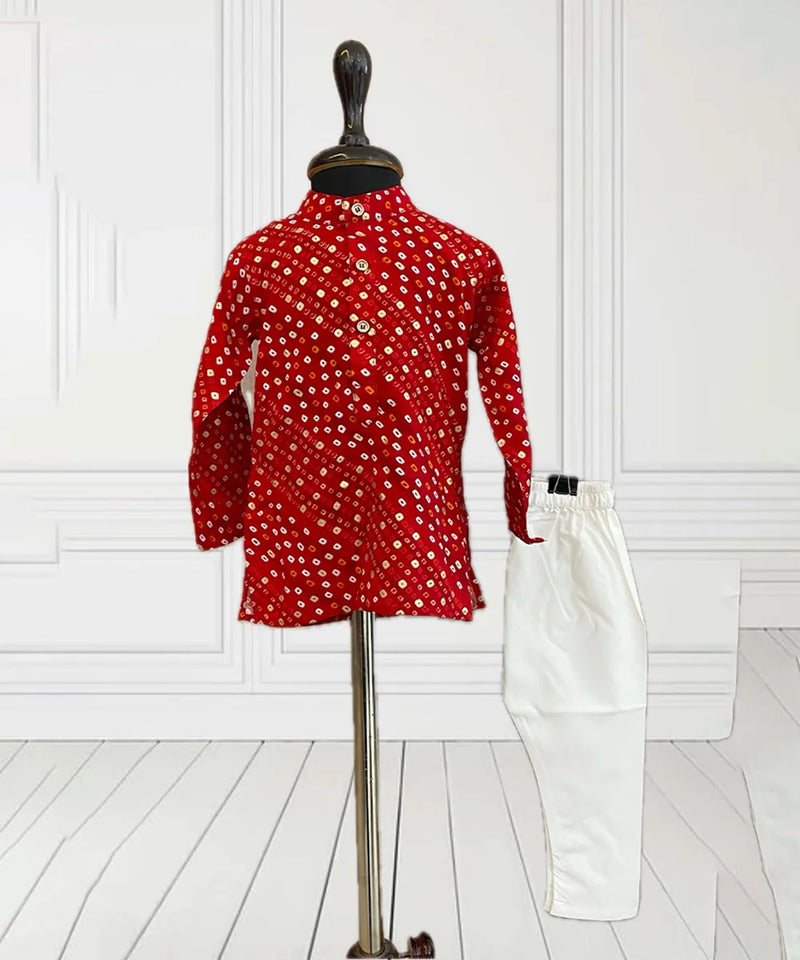 Jaipur kids kurta pyjama with neck band collar, designer bhandej print

