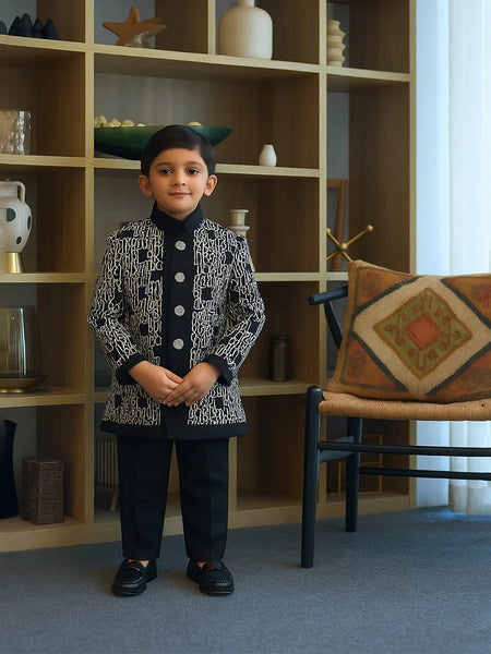 Child standing in a room with a bookshelf and chair in the background