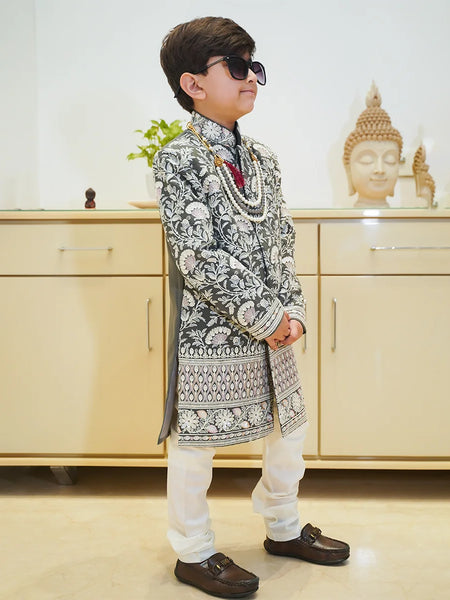 Boys grey bandhgala sherwani set, full sleeves, Indian wedding outfit Jaipur