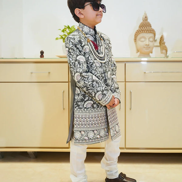 Boys grey bandhgala sherwani set, full sleeves, Indian wedding outfit Jaipur