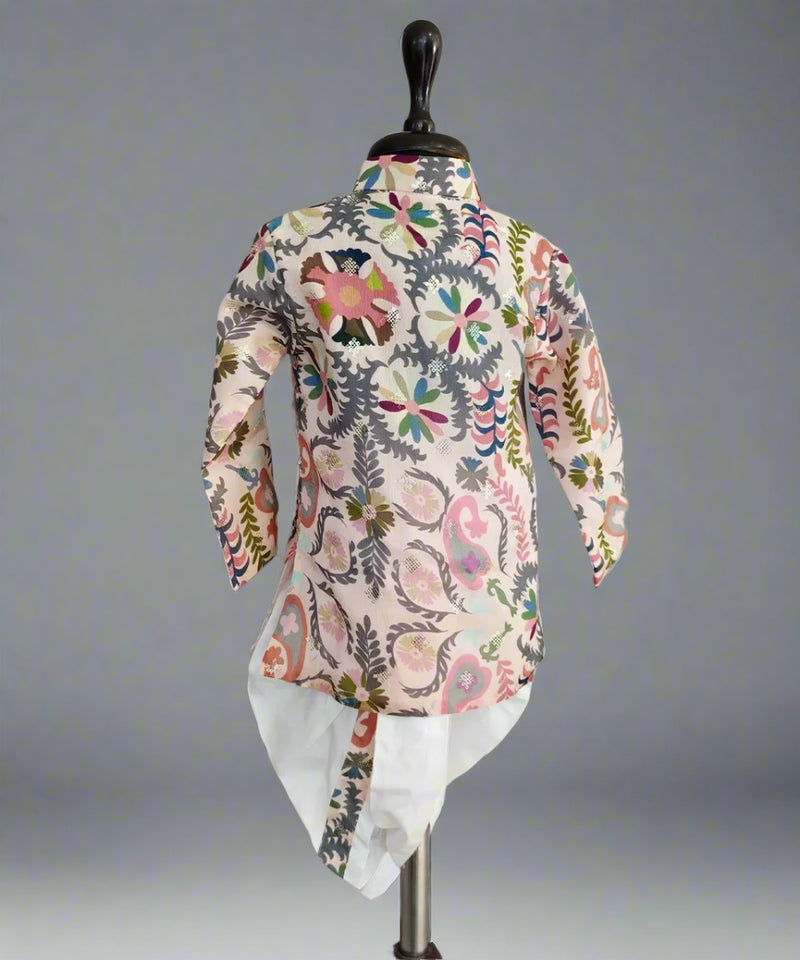 Best children clothing Jaipur, printed band collar kurta dhoti set for boys