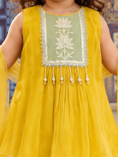 Girls' yellow sharara with green embroidered yoke, view 2