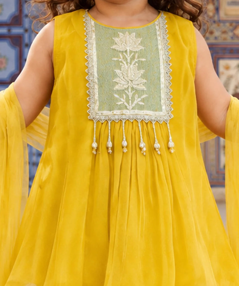A child wearing a bright yellow traditional dress with a light green embroidered yoke panel, white floral embroidery, and tassel details, shown against a blurred ornate background.