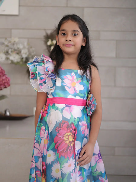 Designer gown dress for girls, one-shoulder ruffle sleeve, Jaipur