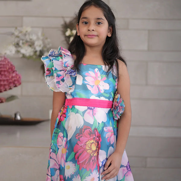 Designer gown dress for girls, one-shoulder ruffle sleeve, Jaipur