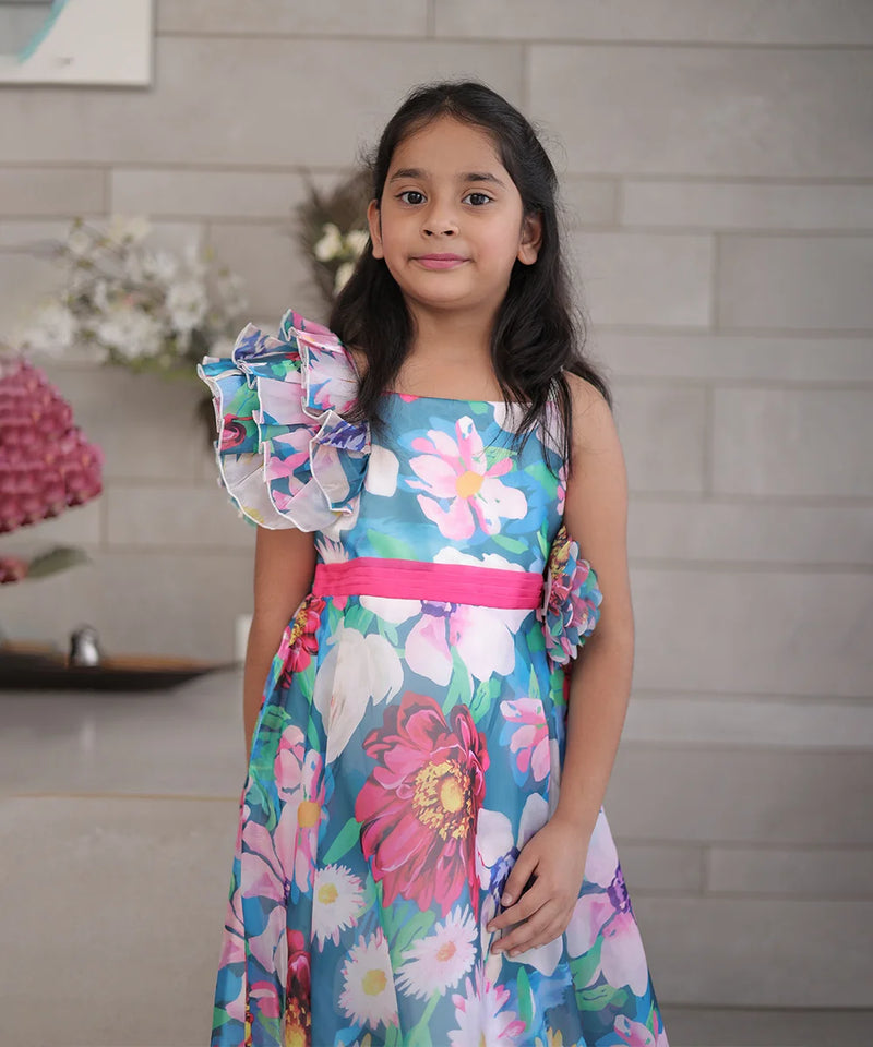 Designer gown dress for girls, one-shoulder ruffle sleeve, Jaipur