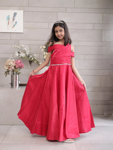Designer red gown dress for girls, pleated bodice, Jaipur kidswear boutique